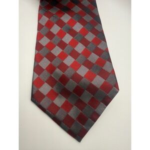 Bottega Veneta Mens Silk Tie Red Grey Checkered Geometric Made in Italy